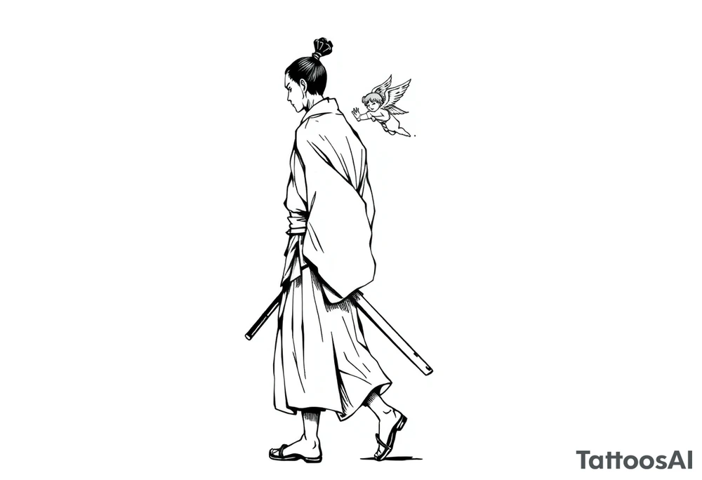 A solemn Japanese samurai (or ronin) in traditional hakama and kimono, walking in profile view. A small winged cherub or angel is floating behind him, reaching out with its hand towards his back. Black and white ink sketch, high contrast, monochrome, manga style, clean lines, dynamic composition, with ink splatter details on a white background. --ar 1:1 tattoo idea