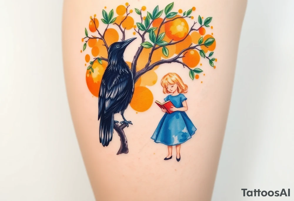 A Raven standing on the branch of an orange tree. A blond little girl wearing a blue dress reading a book under the tree. tattoo idea