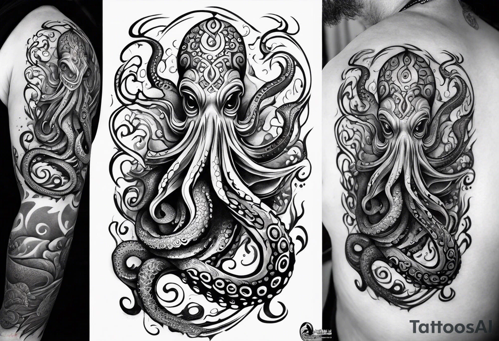 Tribal half sleeve octopus with fish and water waves around it and a sea turtle inside the octopus head tattoo idea