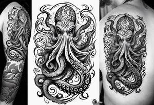 Tribal half sleeve octopus with fish and water waves around it and a sea turtle inside the octopus head tattoo idea