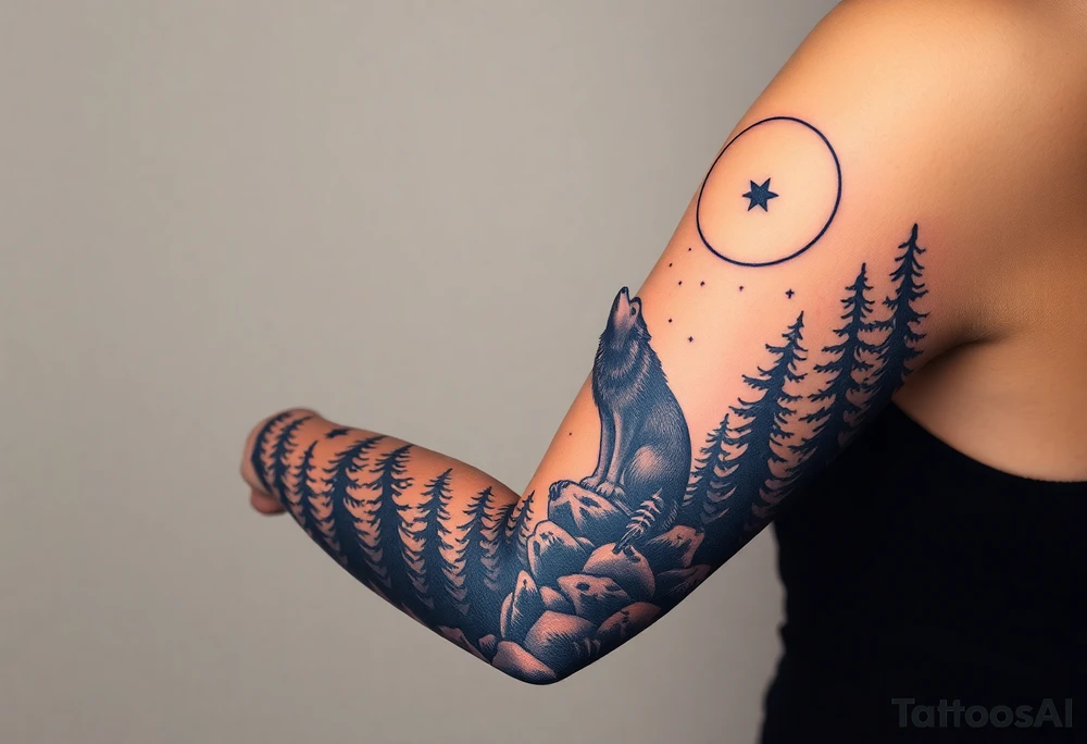Lone wolf howling at the moon in the forest in the night Columba star tattoo idea