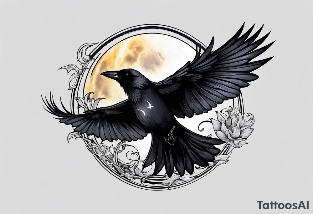 Gothic crow flying holding a candle with a moon in the background tattoo idea