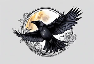 Gothic crow flying holding a candle with a moon in the background tattoo idea