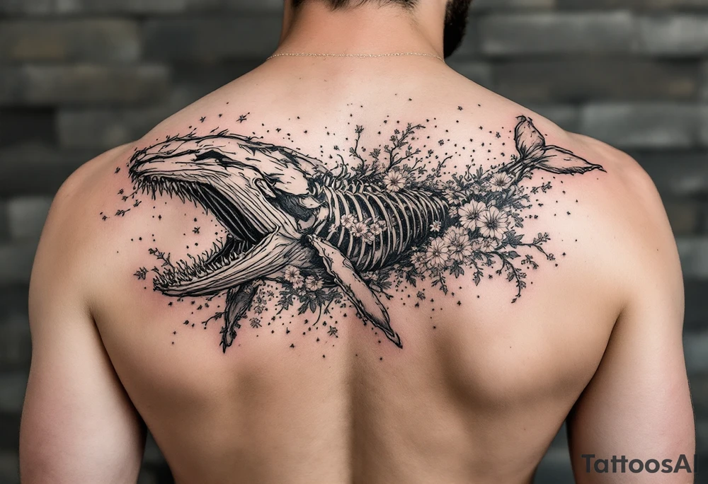 idea is basically a whale that's damaged and torn exposing the skeletal innerts, but it's still fiercely moving forward as hard as it can, swimming in waves and a bed of flower. contrasts, focus cherry blossoms, waves and fire tattoo idea