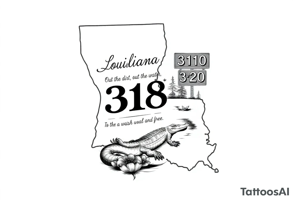 Big Louisiana state outline with fleur-de-lis, a bayou with a gator and trees , the 318 area code and and quote that says  Out the dirt, out the water, straight from 318 , a sign that says I- 20 . Below that add west side , tattoo idea