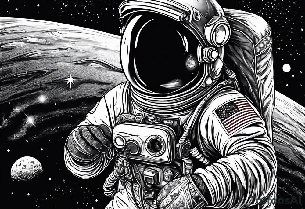 a picture of an astronaut eating a corn dog while floating in space showing the full body tattoo idea