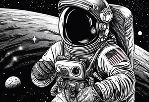 a picture of an astronaut eating a corn dog while floating in space showing the full body tattoo idea