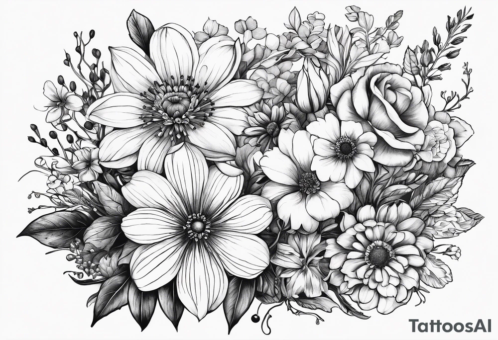 Birth flower bouquet with month’s January, May, November and December tattoo idea