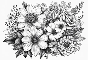 Birth flower bouquet with month’s January, May, November and December tattoo idea