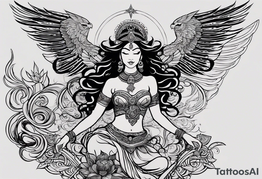 black kali, goddess pirate, alien, angel, pachamama, valkrye, warrior, flying, skull, lotus azul, wing, eagle, zenza resonance, stars, 5D, anahata chakra, death, durga, riding on a tiger, flying lady tattoo idea
