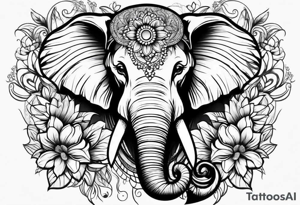 elephant face with flowers tattoo idea