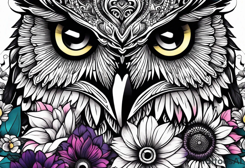 Leg Sleeve with black and white owl that's lightly shaded teal, pink and purple and yellow sunflowers tattoo idea