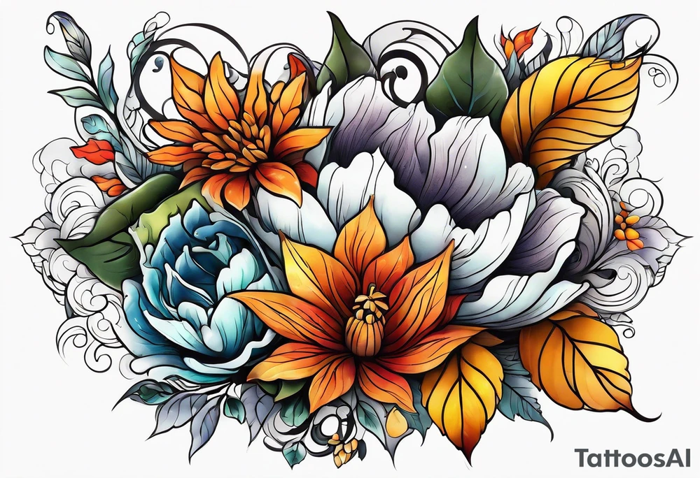 Full arm sleeve with fall colors, flowers, water, leaves and various shapes tattoo idea