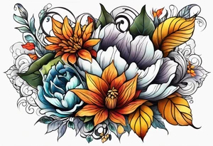 Full arm sleeve with fall colors, flowers, water, leaves and various shapes tattoo idea