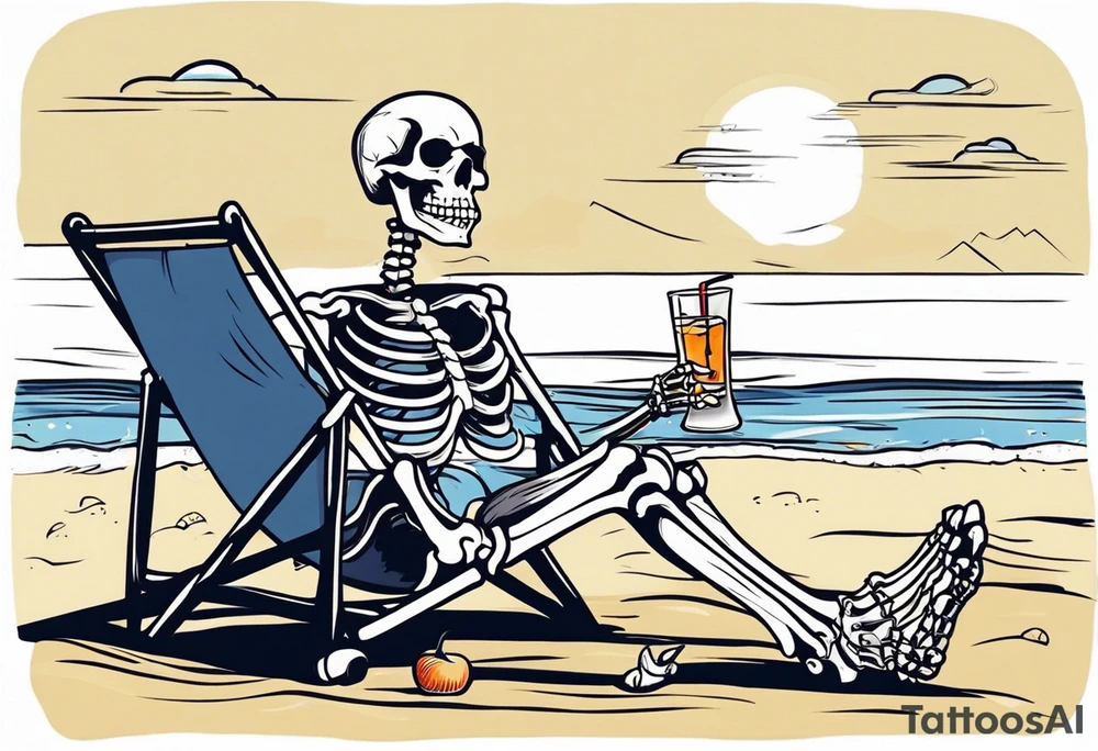 skeleton wearing a button up hawaiian shirt relaxing on the beach with a drink tattoo idea