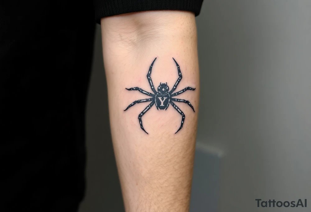 Spider crawling down the arm sideways with the letter Y on the body of the spider tattoo idea