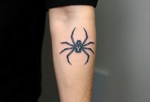 Spider crawling down the arm sideways with the letter Y on the body of the spider tattoo idea