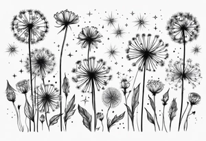 Dandelions with just breathe and the constellations cancer, Virgo, Sagittarius, Aries and Pisces as the petals tattoo idea