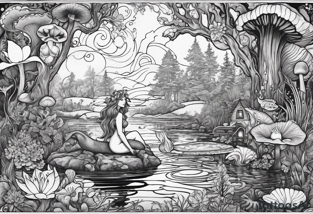 A Mermaid singing in a bayou that has cypress trees, mushrooms, lily pads, frogs, and bugs tattoo idea