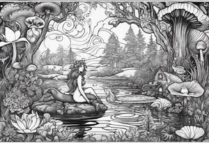 A Mermaid singing in a bayou that has cypress trees, mushrooms, lily pads, frogs, and bugs tattoo idea