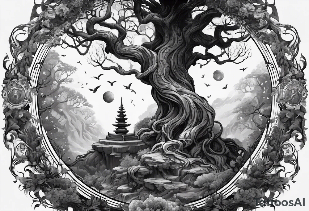 The deity Pan is entwined in a tree, which is a portal in a other dimension tattoo idea