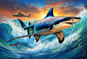 Combine hammerhead shark, tiger, and falcon to merge air, earth and water. The tattoo should go on shoulder so must be vertical tattoo idea