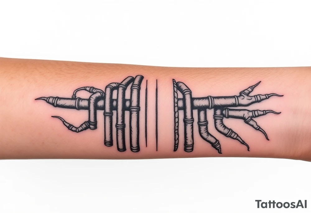 wide vertical System of thin pipes that transitions and transforms outwards of sides and end into thick, widespread 
veins of forearm tattoo idea