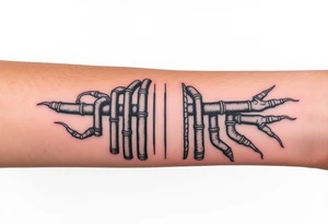 wide vertical System of thin pipes that transitions and transforms outwards of sides and end into thick, widespread 
veins of forearm tattoo idea