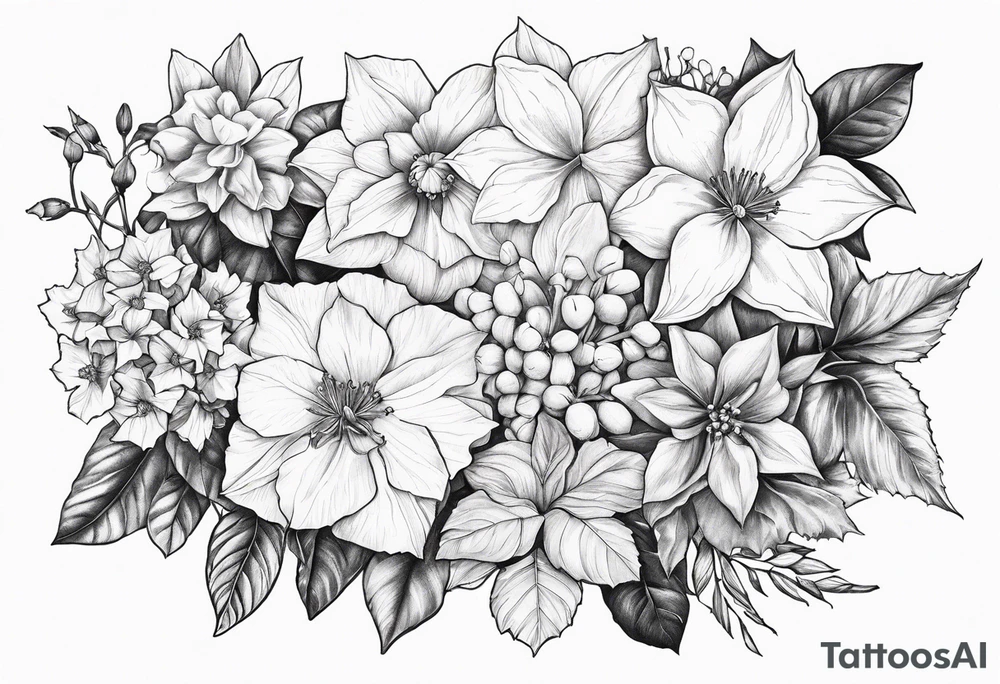 Narcissus, Poinsettia, Holly, Gladiolus, Poppy, Daisy, Sweet Pea and Hydrangea Floral Bouquet tattoo idea