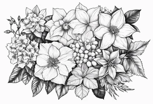 Narcissus, Poinsettia, Holly, Gladiolus, Poppy, Daisy, Sweet Pea and Hydrangea Floral Bouquet tattoo idea