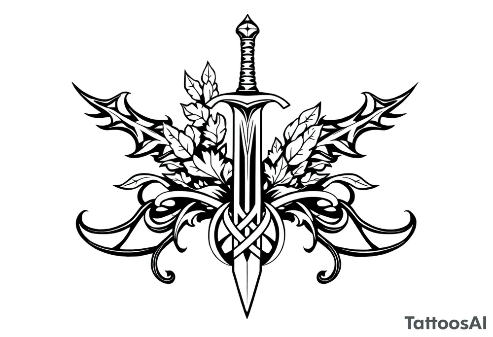 a sword with an overgrown Celtic knot band infused with nature tattoo idea