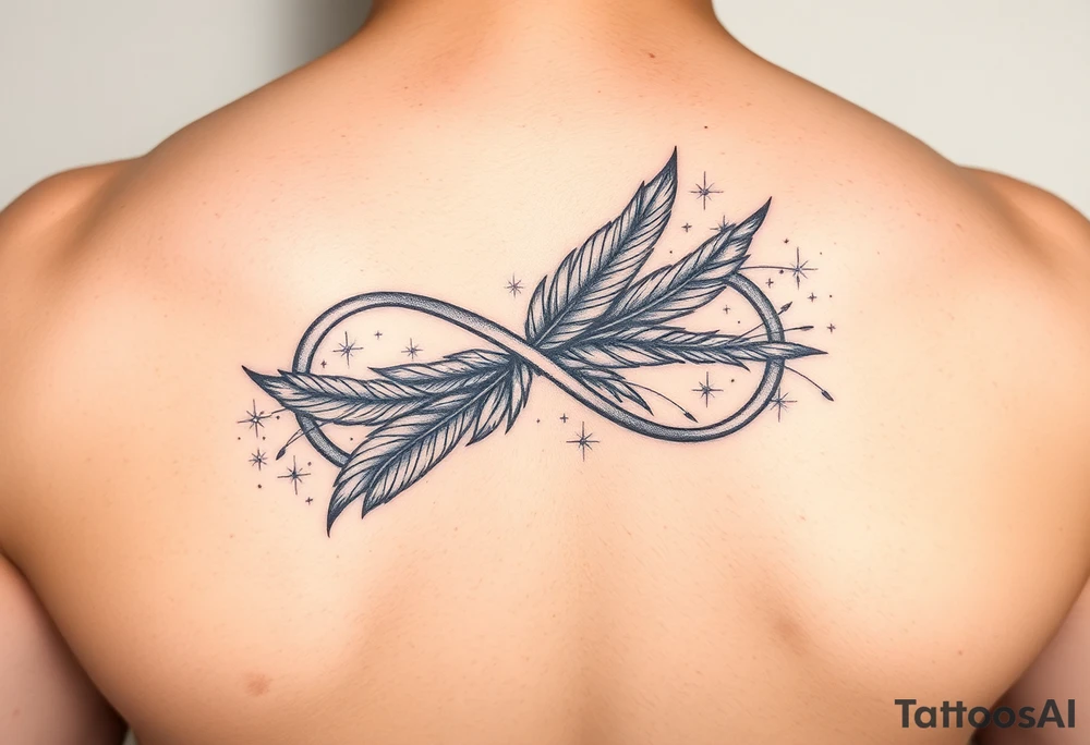 infinity symbol woven with floating feathers and stardust tattoo idea
