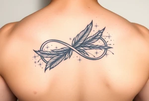 infinity symbol woven with floating feathers and stardust tattoo idea