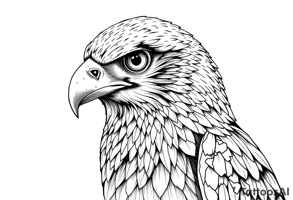 Um desenho em preto e branco de uma aguia, com aparência mística e detalhada. A arte é feita  com muitos traços finos, sombreamento em pontilhismo (dotwork) e formas geométricas. A aguia tem olhos vazios e brilhantes, com penas sobrepostas em formas angulares e orgânicas. As asas e a cauda são longas, com detalhes intrincados que lembram padrões de penas de coruja ou falcão. A pose da aguia é majestosa, com a cabeça voltada para frente e o corpo inclinado para o lado, como se estivesse empoleirado tattoo idea