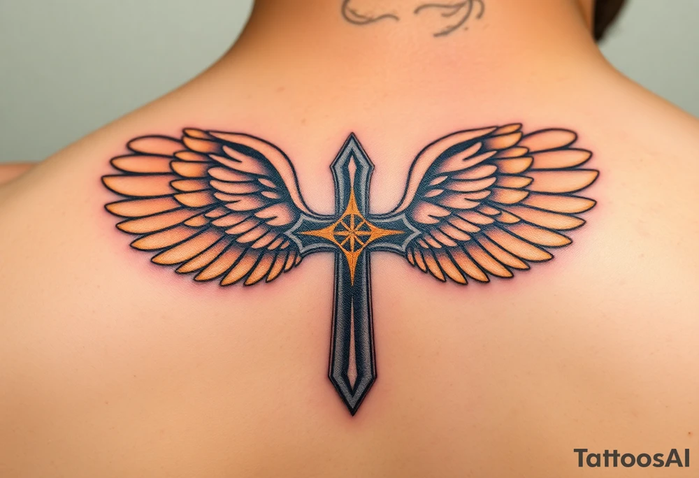 A silver gothic cross with large angelic wings, softly shaded in white and gray, glowing with divine golden light tattoo idea