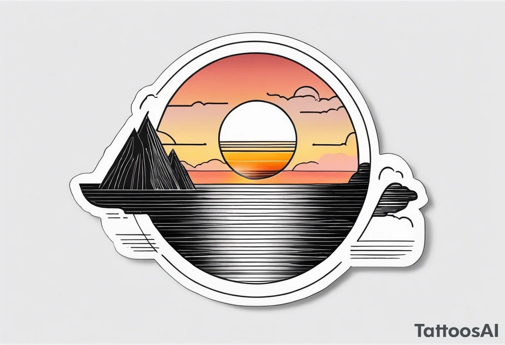 A fine line, black polaroid with the image of a sunset by the sea tattoo idea