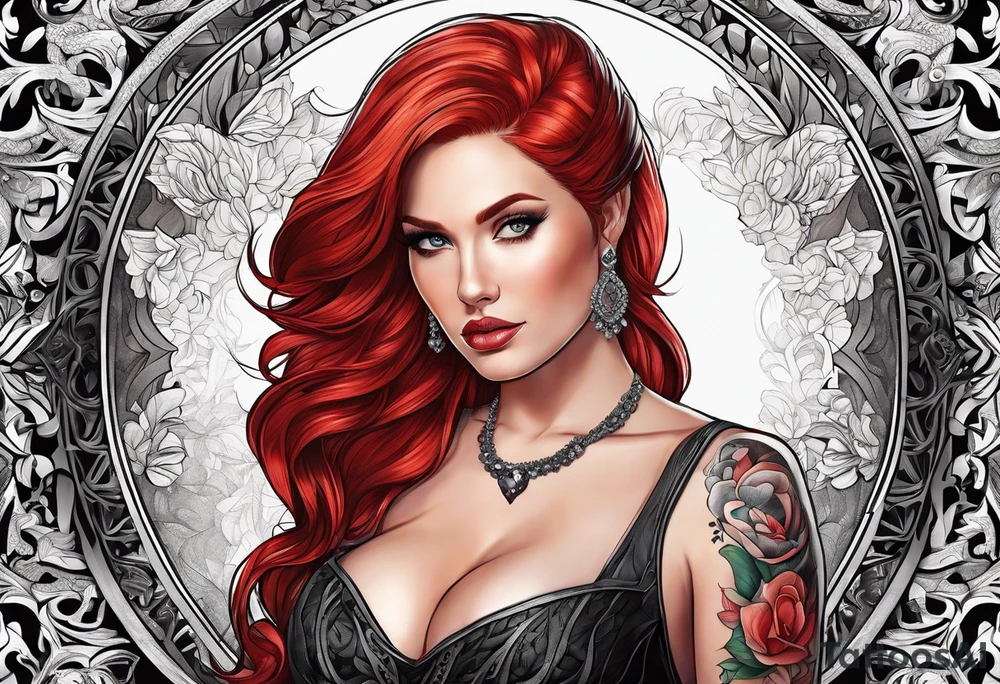 Busty red haired woman with a bearded man who has black hair tattoo idea