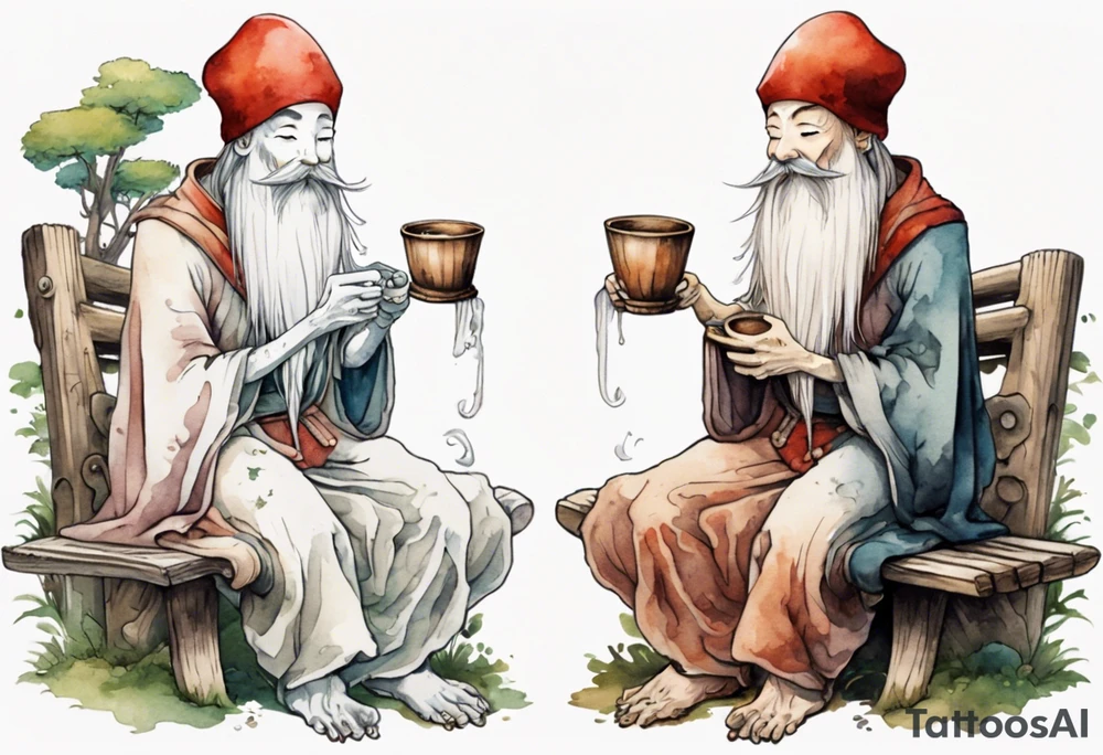 a kodama with a long beard wearing a mushroom hat and a medieval tunic drinking from a wood cup, sitting on a bench laughing tattoo idea