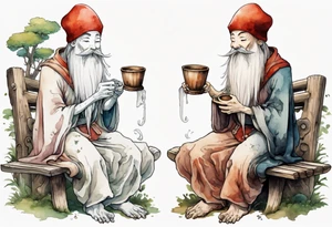 a kodama with a long beard wearing a mushroom hat and a medieval tunic drinking from a wood cup, sitting on a bench laughing tattoo idea