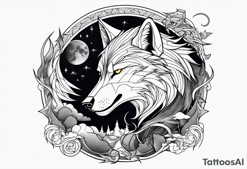 wolf with a dragon and lightning and the moon in the background tattoo idea