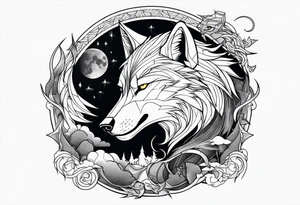 wolf with a dragon and lightning and the moon in the background tattoo idea