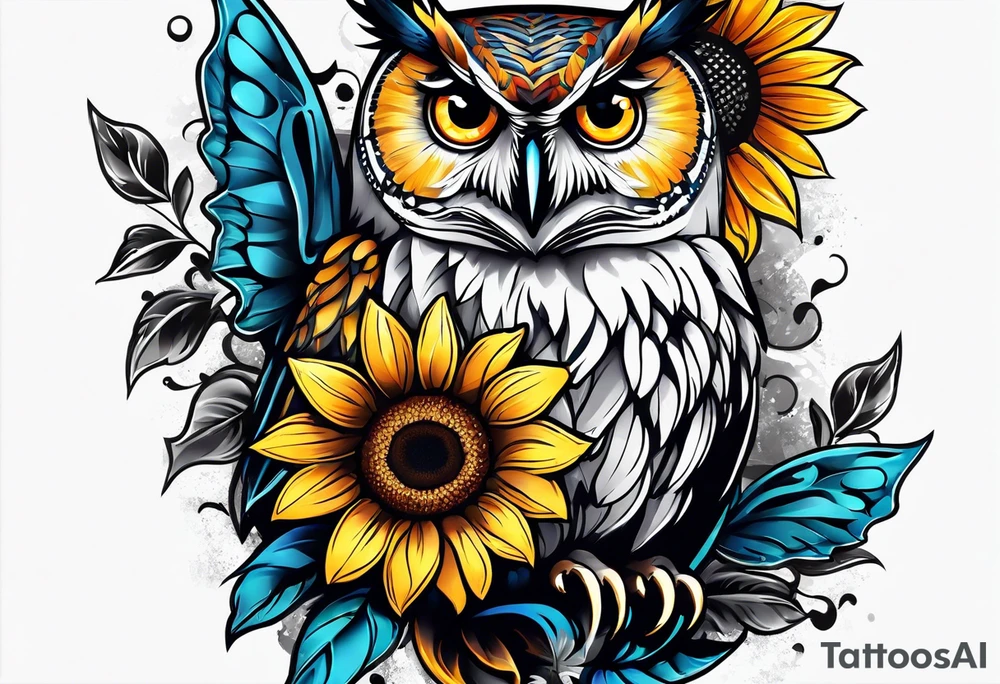 Owl sunflower and butterfly half sleeve tattoo idea