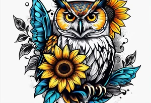 Owl sunflower and butterfly half sleeve tattoo idea