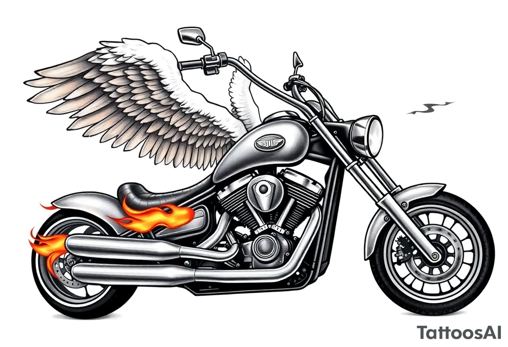 Low rider grey motorcycle, big muffler pipes with flames, angel wings, driving away, no person tattoo idea