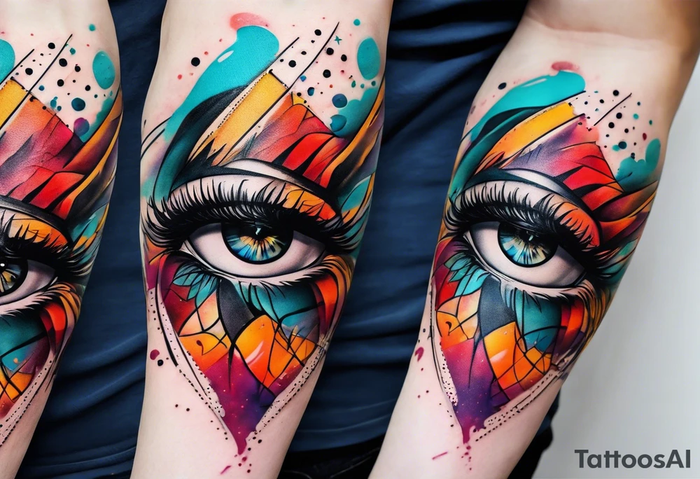 large forearm tattoo with lines, splatters, circles tattoo idea