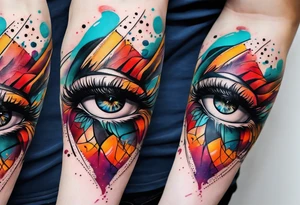 large forearm tattoo with lines, splatters, circles tattoo idea