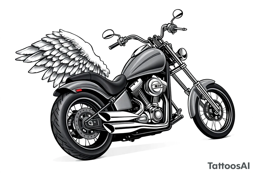 Low rider grey motorcycle, big muffler pipes with flames, angel wings, driving away, no person tattoo idea