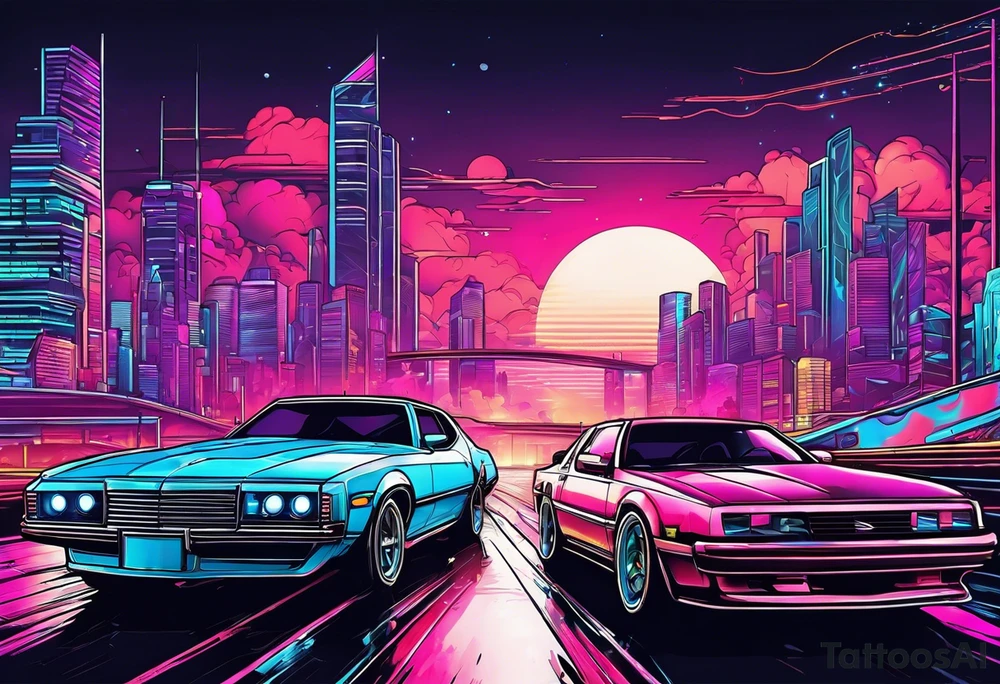 Synthwave cityscape with future cars tattoo idea