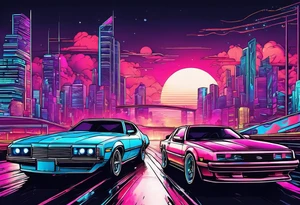 Synthwave cityscape with future cars tattoo idea