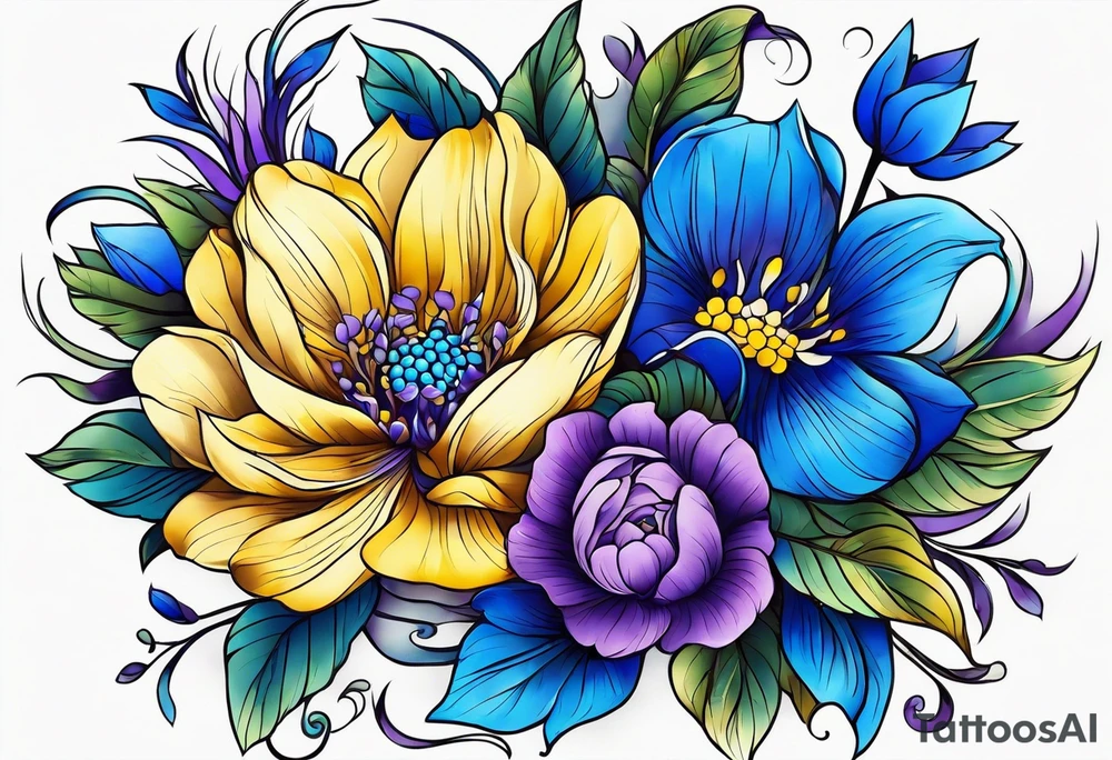 Blue yellow and purple flowers arm sleeve tattoo idea
